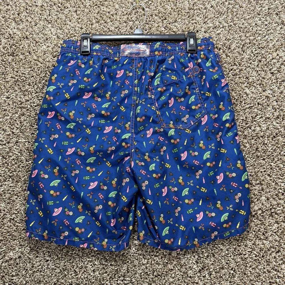 Beach Bros Swim Trunks Men's L Blue Mexican Fiesta Print Board Shorts Mesh Lined